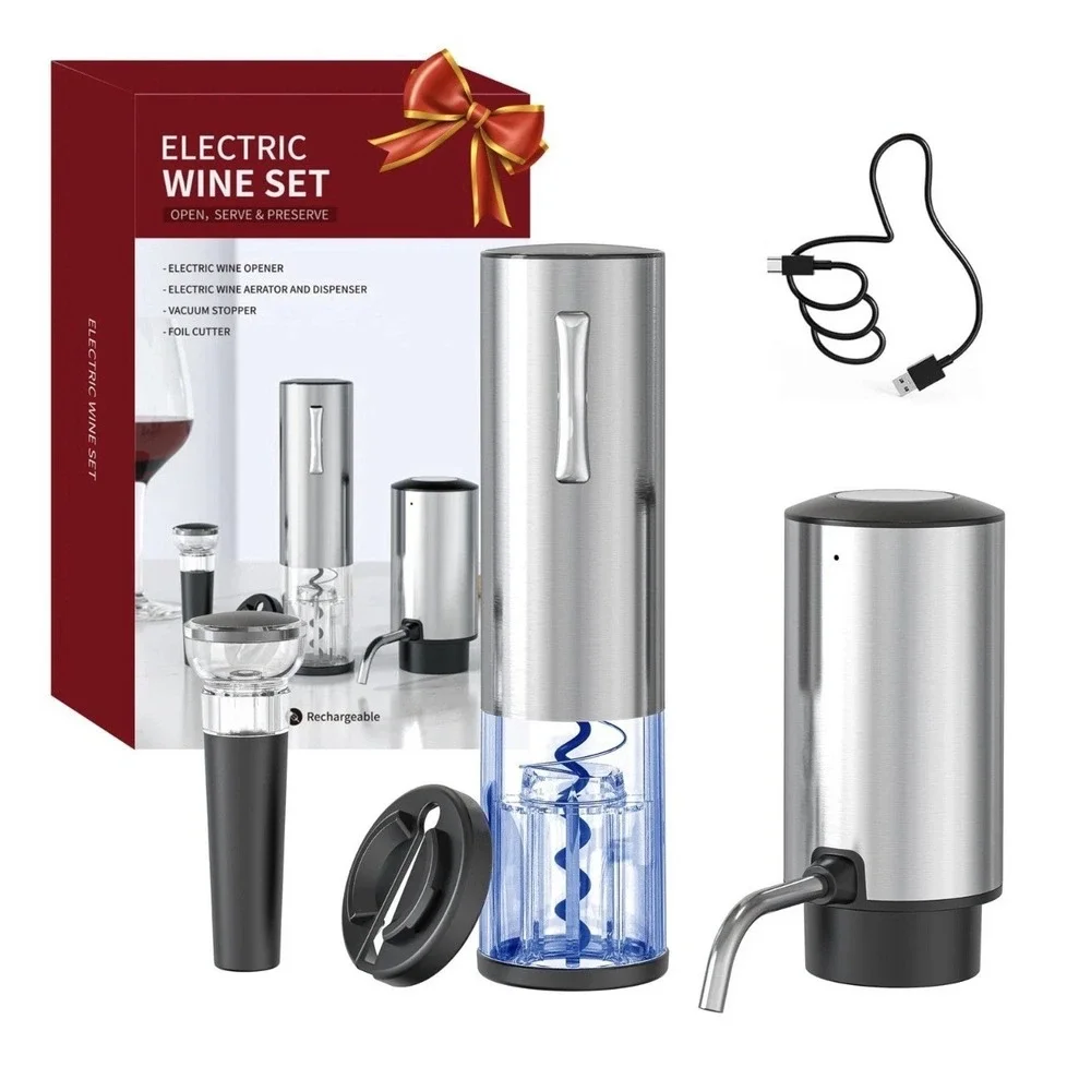 Rechargeable Electric Wine Opener Set, 4-in-1 Automatic Gift Sliver